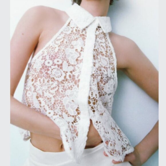 ZARA CROCHET LACE COLLAR BUTTON UP BLOUSE - Picture 1 of 6